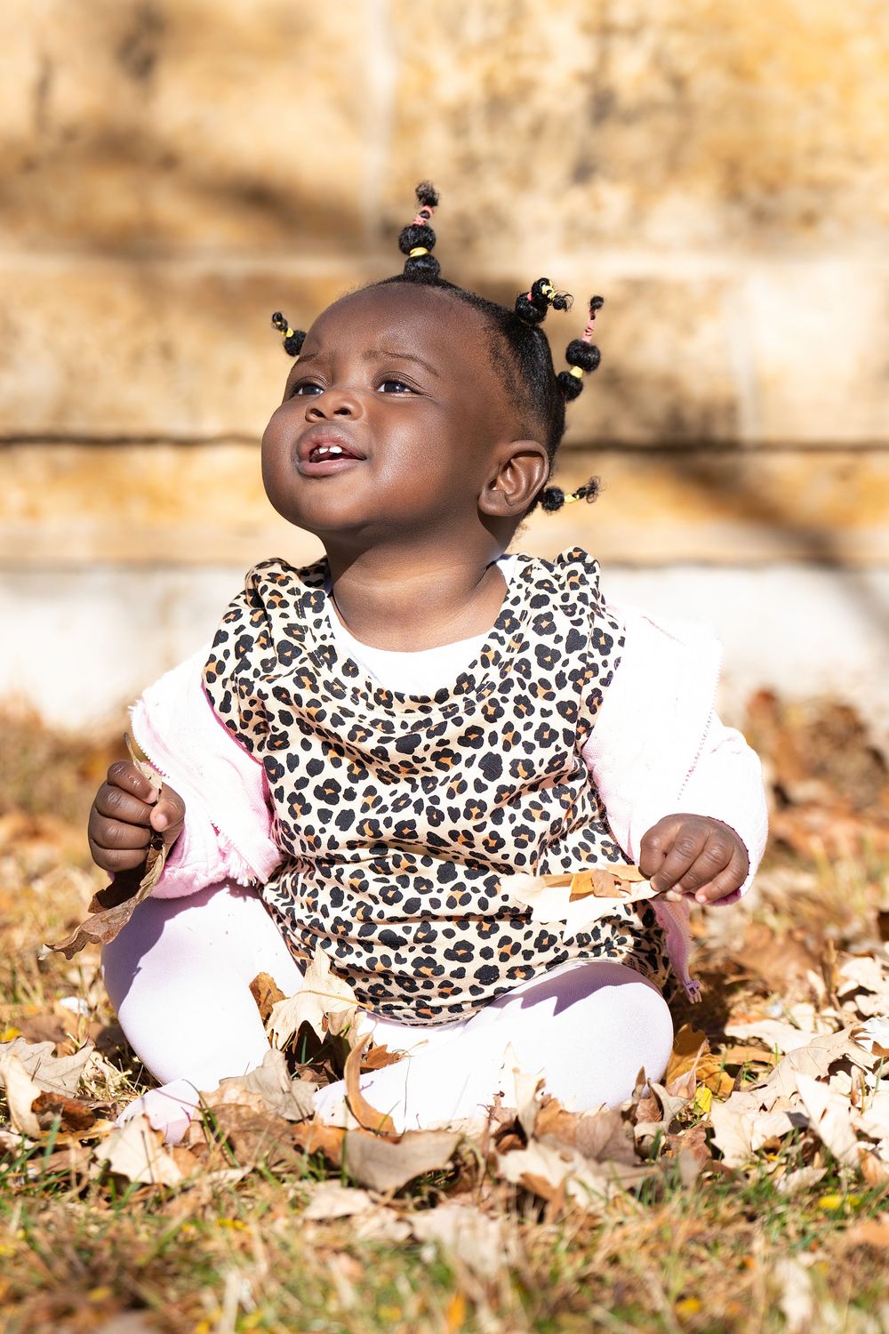 A toddler in a leopard-print top sits among fallen autumn leaves and looks upward